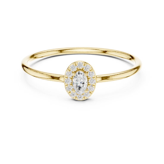Ladies oval halo diamond ring in gold with oval and round lab grown diamonds by Signora Jewels