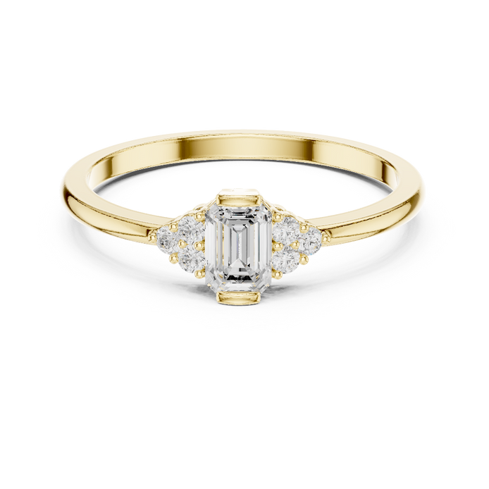 Ladies emerald side diamond ring in gold with emerald and round lab grown diamonds by Signora Jewels
