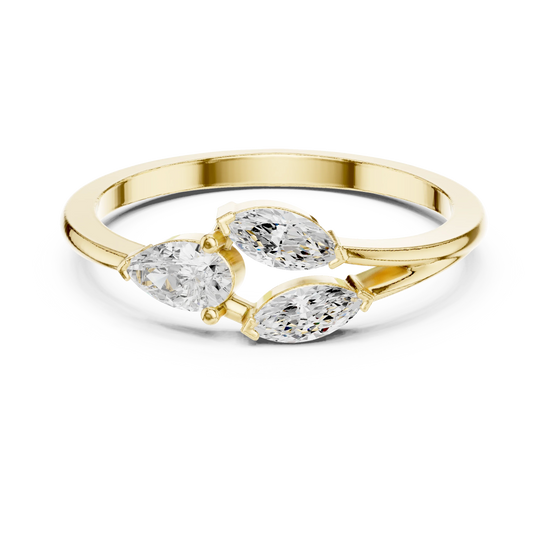 pear and marquise diamond bypass engagement ring in yellow gold