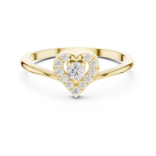 Round lab grown diamond heart halo ring in yellow gold
