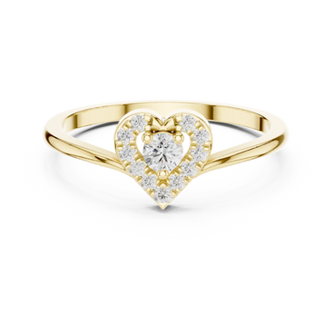 Round lab grown diamond heart halo ring in yellow gold