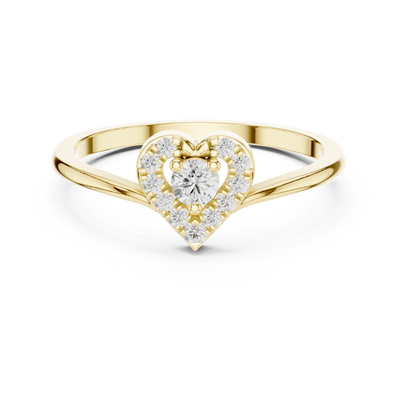 Round lab grown diamond heart halo ring in yellow gold