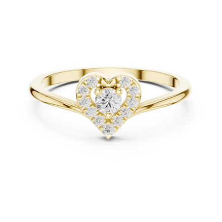 Round lab grown diamond heart halo ring in yellow gold