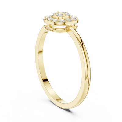 Round lab grown diamond cushion cluster ring in yellow gold