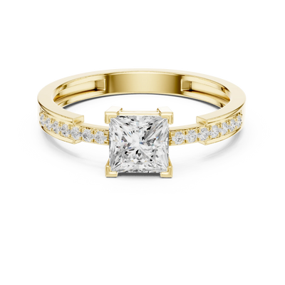 Princess lab grown diamond pavé engagement ring in yellow gold