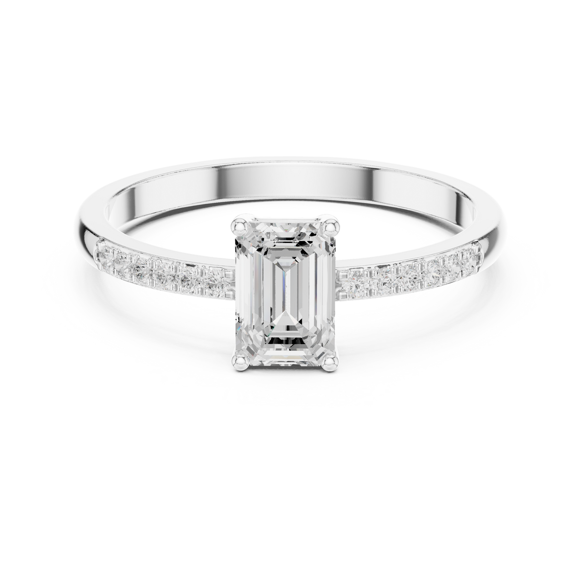 Ladies emerald side diamond ring in gold with emerald and round lab grown diamonds by Signora Jewels