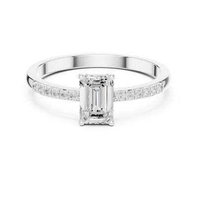 Ladies emerald side diamond ring in gold with emerald and round lab grown diamonds by Signora Jewels