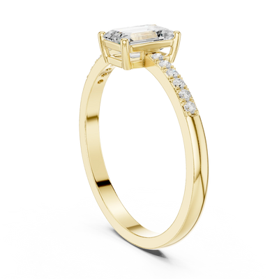 Emerald lab grown diamond pavé engagement ring in yellow gold