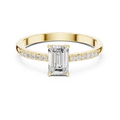 Emerald lab grown diamond pavé engagement ring in yellow gold