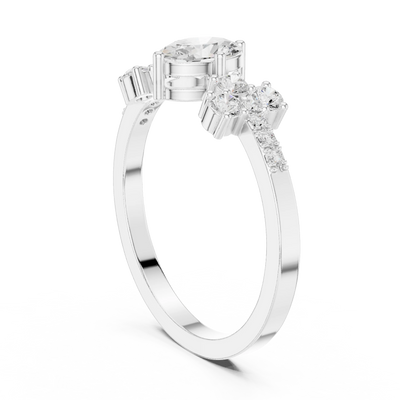 Oval lab grown diamond floral cluster engagement ring in white gold