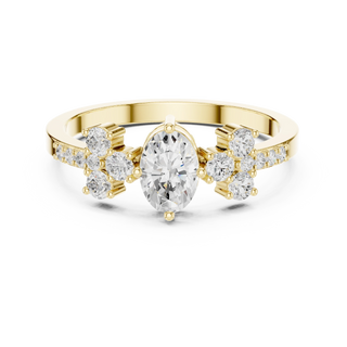 Oval lab grown diamond floral cluster engagement ring in yellow gold