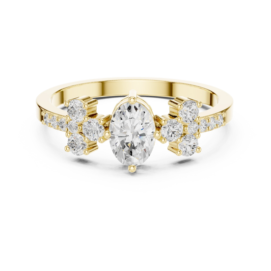 Oval lab grown diamond floral cluster engagement ring in yellow gold