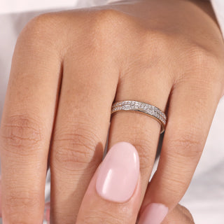 White gold lab grown diamond crossover wedding ring with two curved pavé rows meeting at the center.