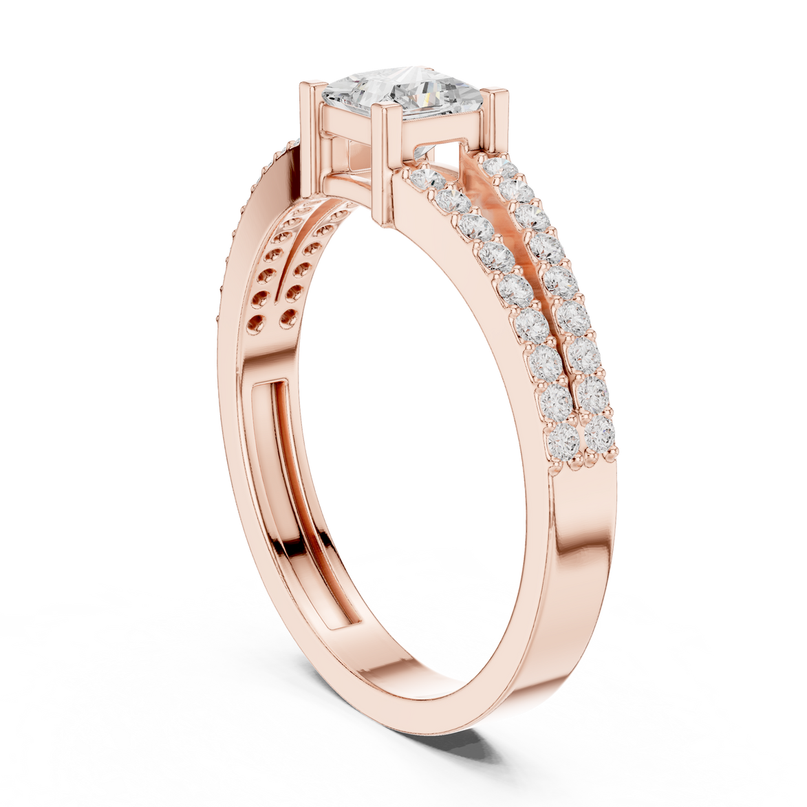 Ladies princess split shank diamond ring in gold with princess and round lab grown diamonds by Signora Jewels
