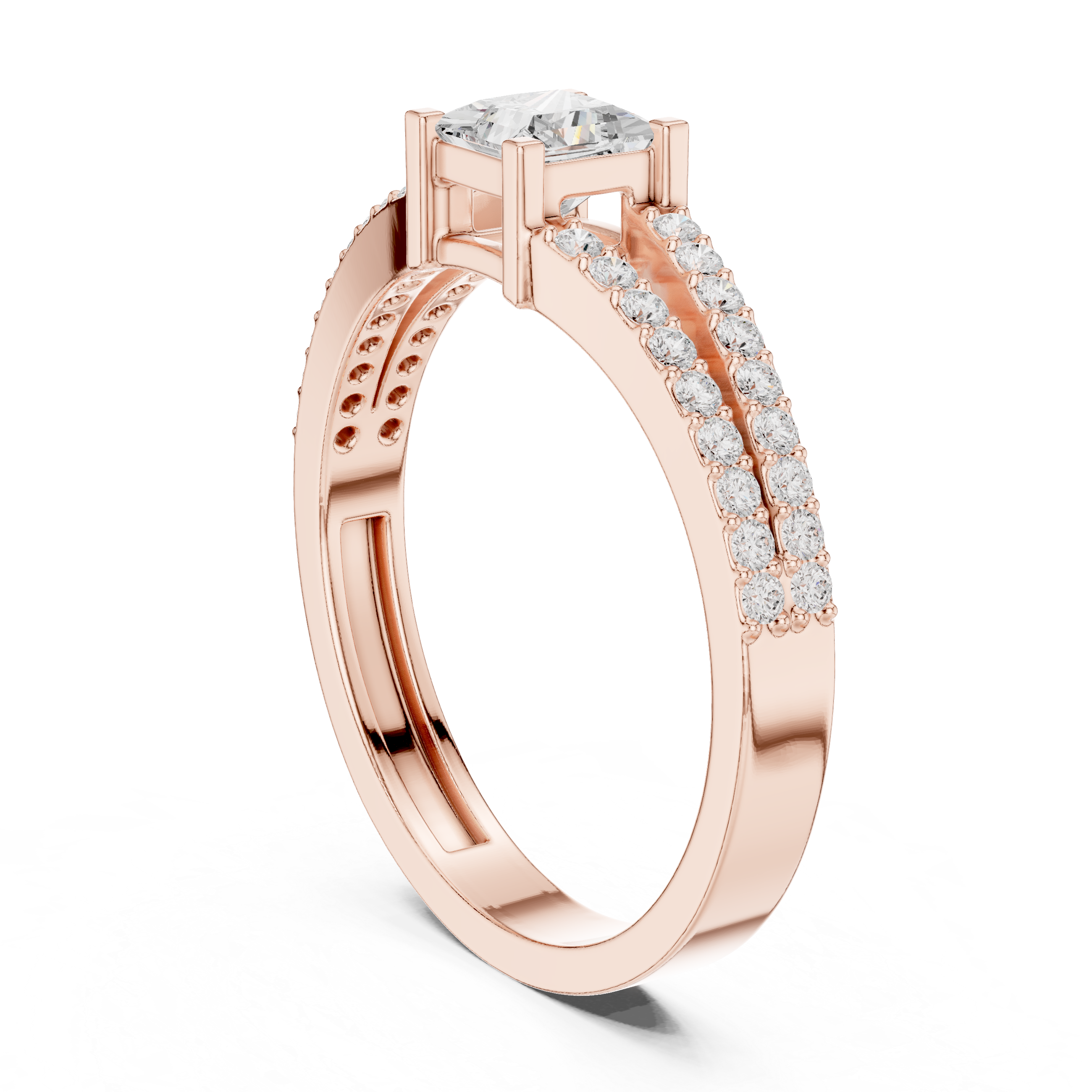 Ladies princess split shank diamond ring in gold with princess and round lab grown diamonds by Signora Jewels