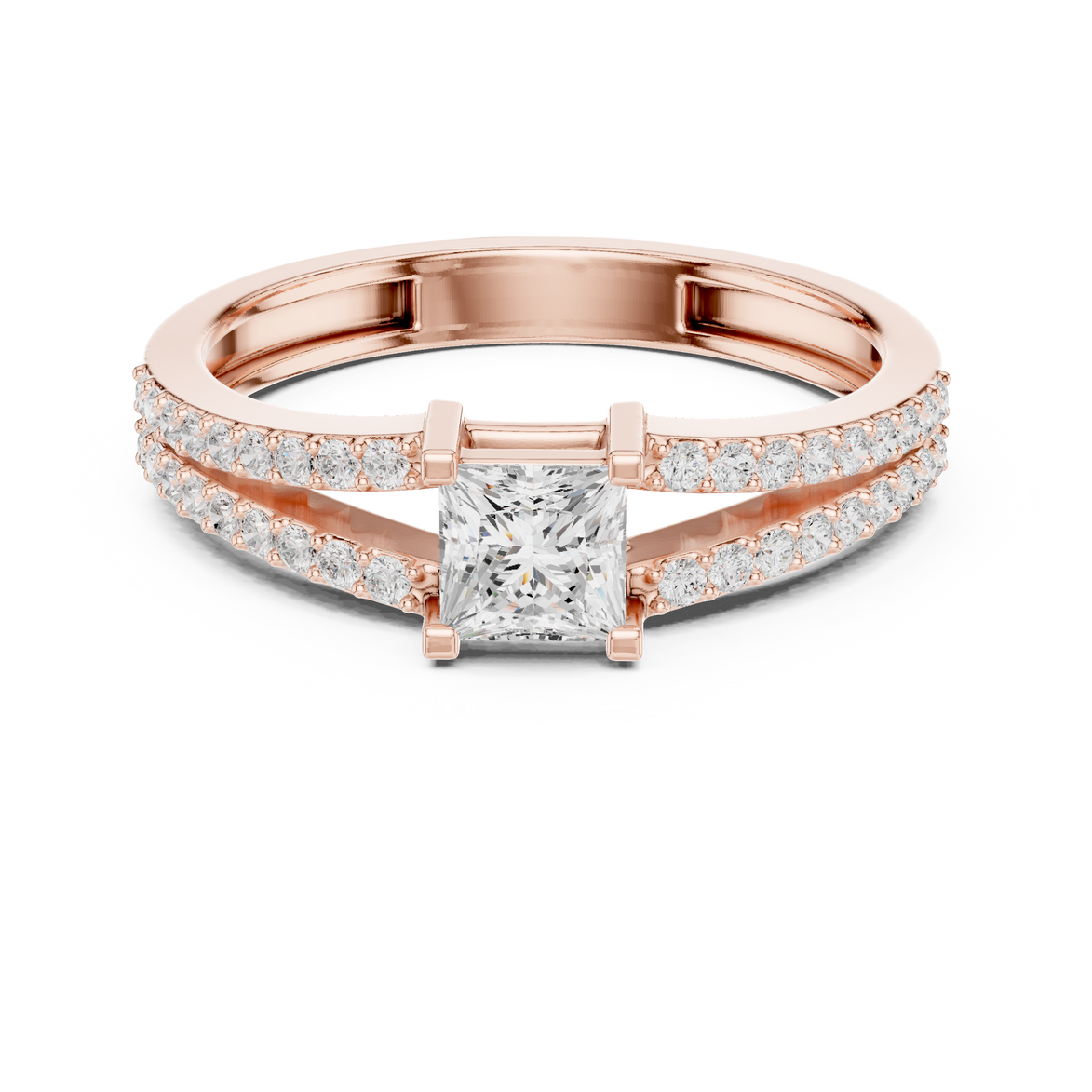 Ladies princess split shank diamond ring in gold with princess and round lab grown diamonds by Signora Jewels