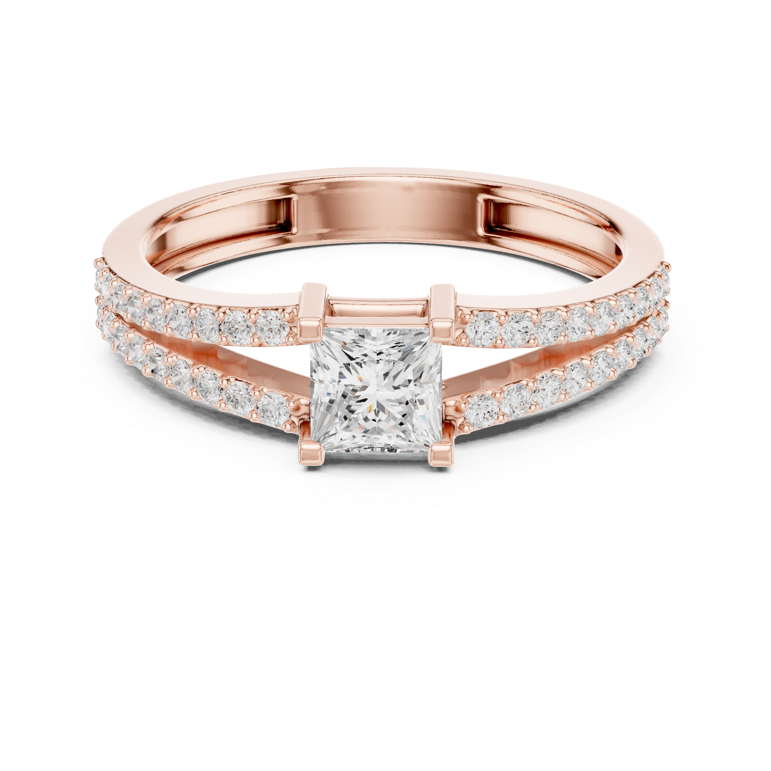 Ladies princess split shank diamond ring in gold with princess and round lab grown diamonds by Signora Jewels