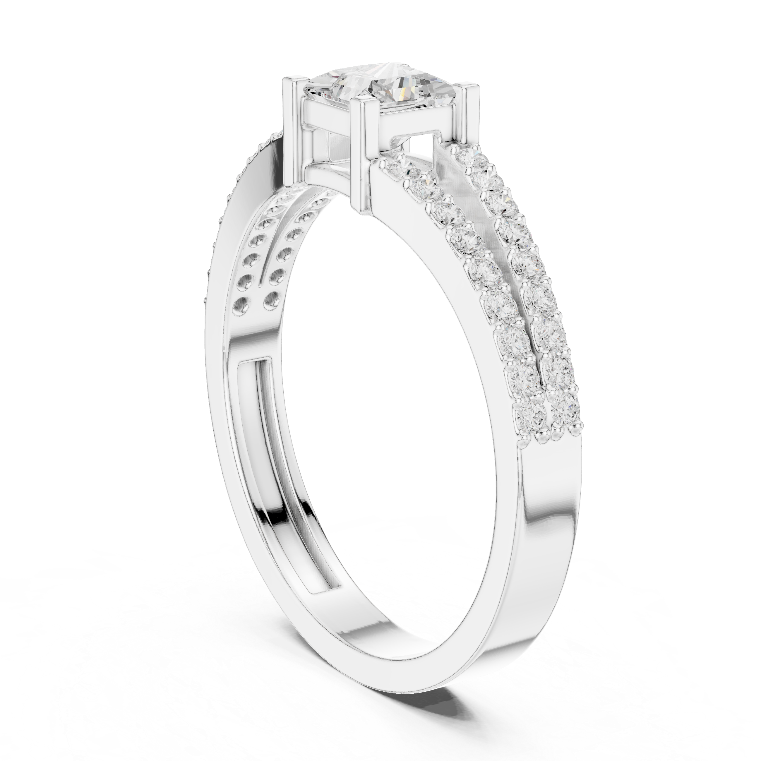 Ladies princess split shank diamond ring in gold with princess and round lab grown diamonds by Signora Jewels