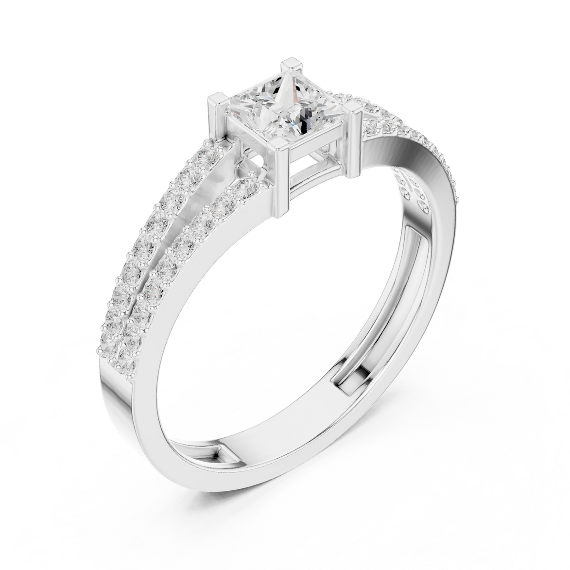 Ladies princess split shank diamond ring in gold with princess and round lab grown diamonds by Signora Jewels