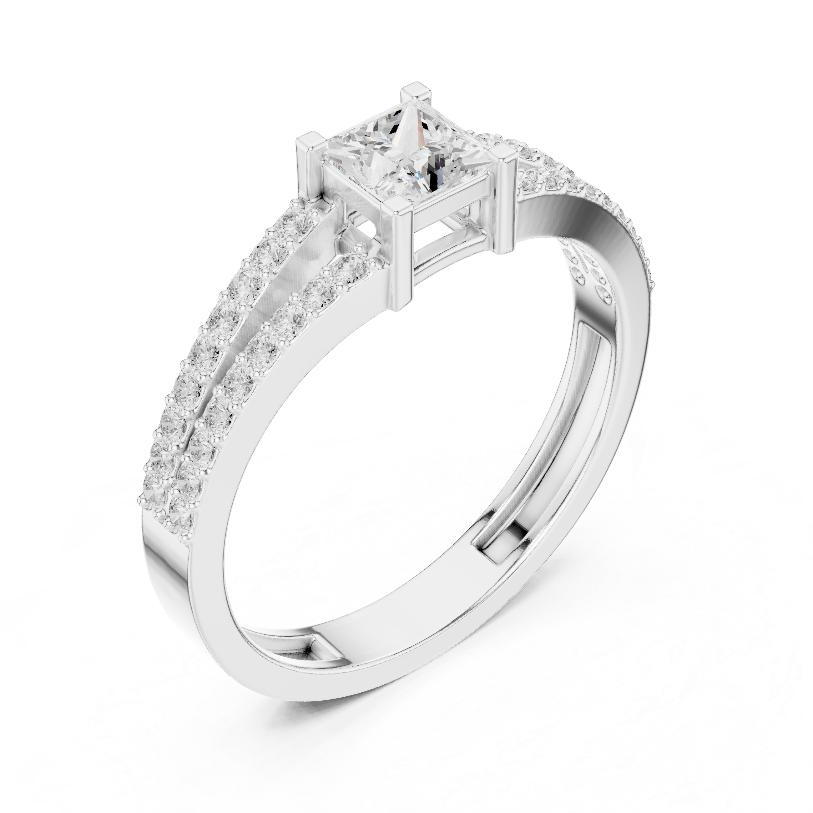 Ladies princess split shank diamond ring in gold with princess and round lab grown diamonds by Signora Jewels