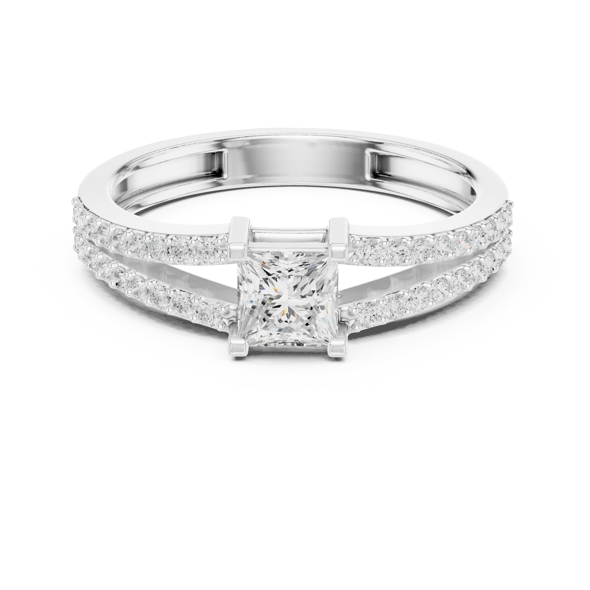 Ladies princess split shank diamond ring in gold with princess and round lab grown diamonds by Signora Jewels