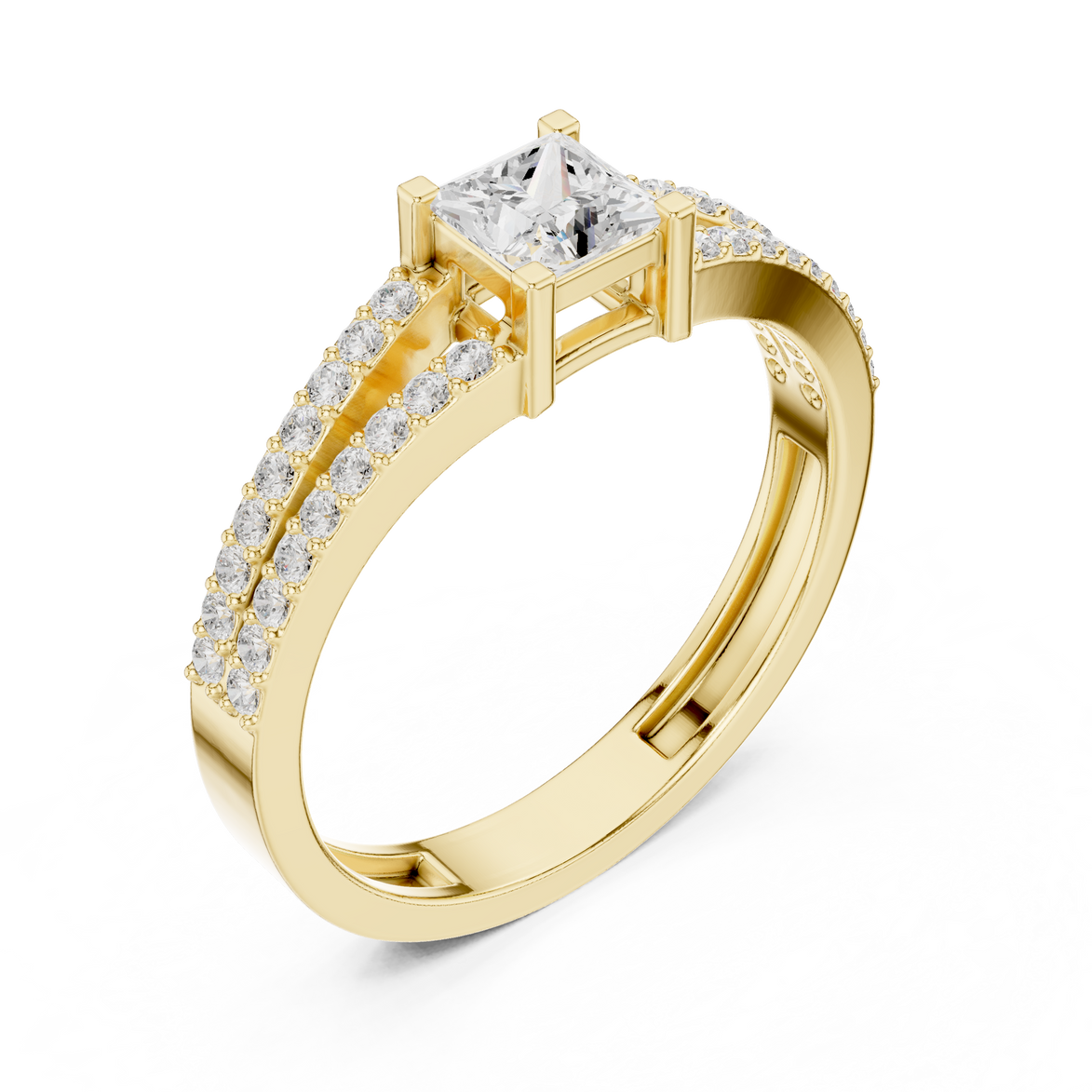 Ladies princess split shank diamond ring in gold with princess and round lab grown diamonds by Signora Jewels