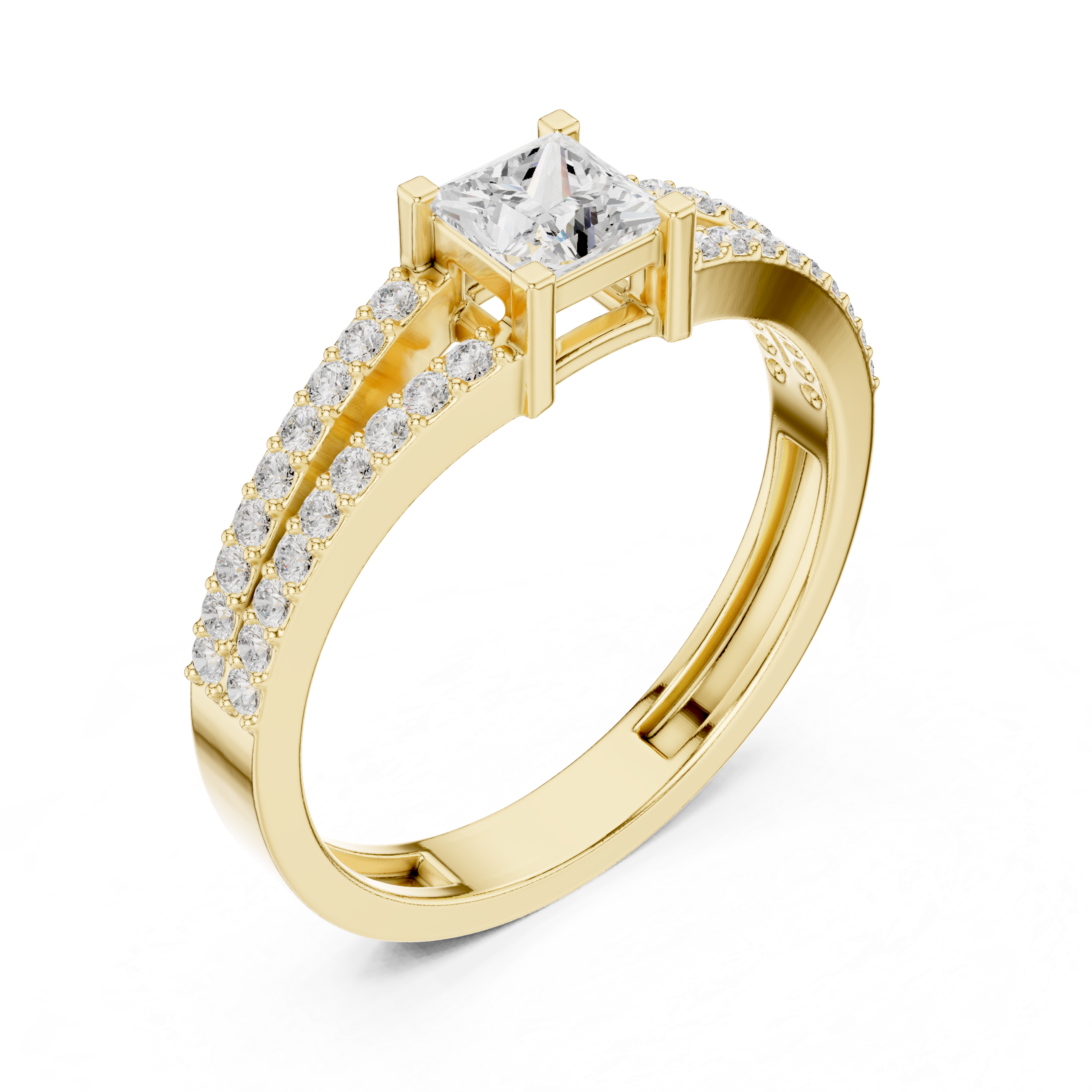 Ladies princess split shank diamond ring in gold with princess and round lab grown diamonds by Signora Jewels