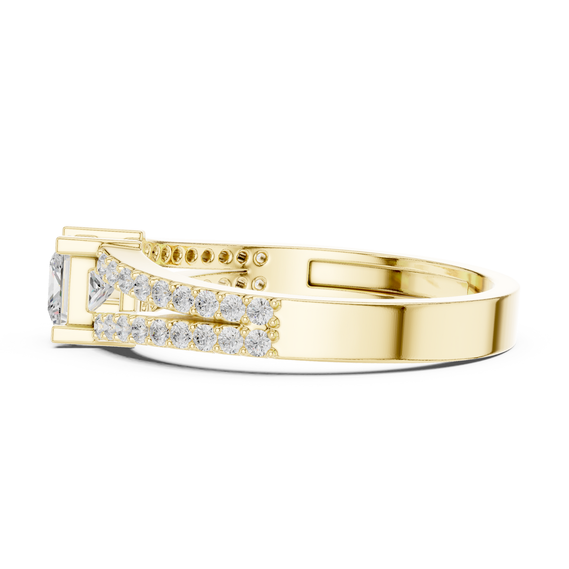 Ladies princess split shank diamond ring in gold with princess and round lab grown diamonds by Signora Jewels