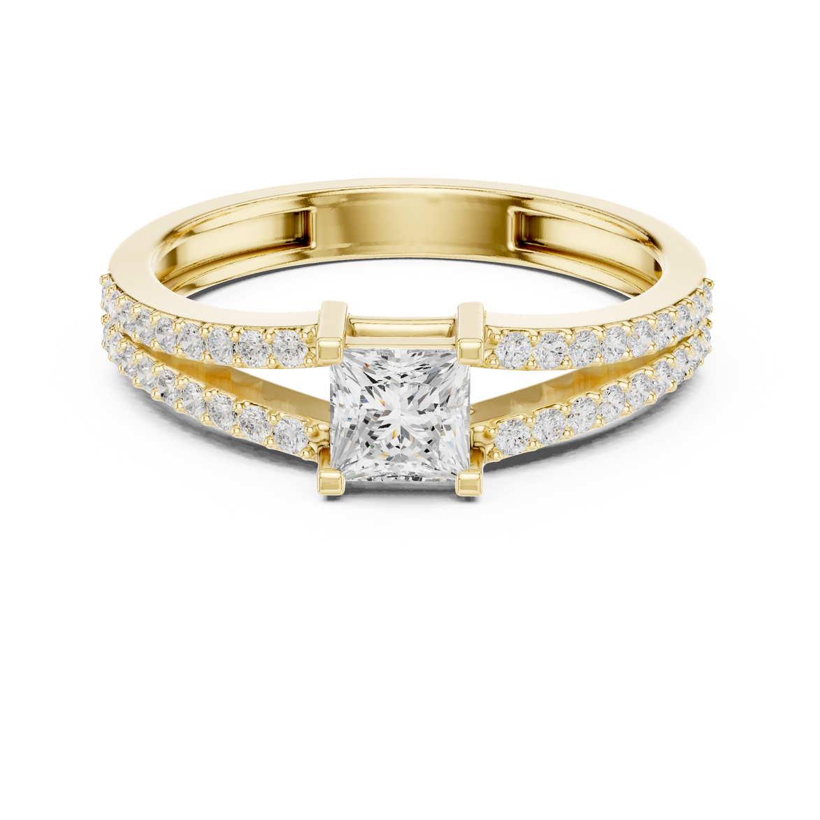 Ladies princess split shank diamond ring in gold with princess and round lab grown diamonds by Signora Jewels
