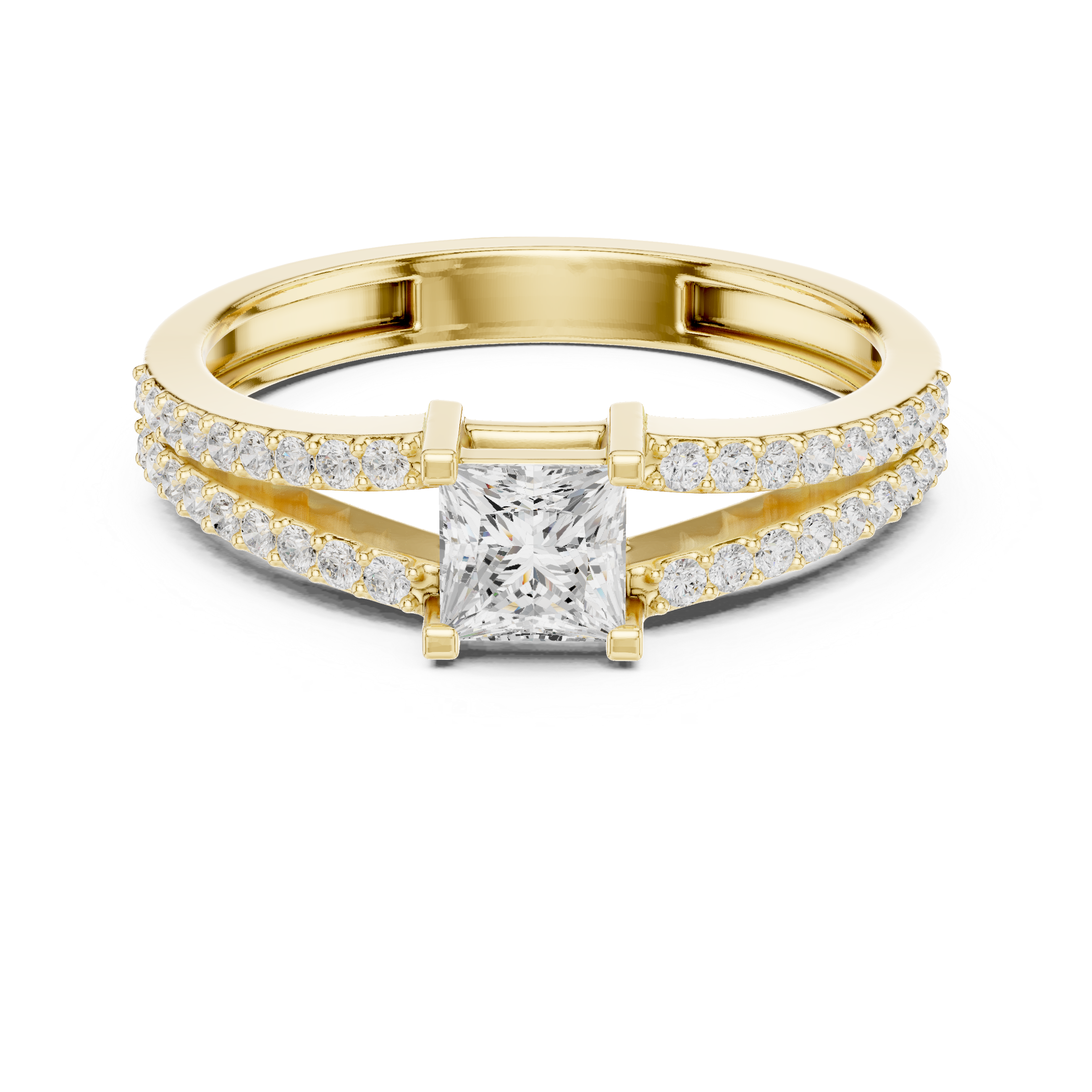 Ladies princess split shank diamond ring in gold with princess and round lab grown diamonds by Signora Jewels