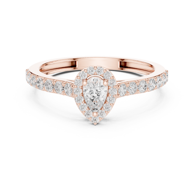 Ladies pear halo side diamond ring in gold with pear and round lab grown diamonds by Signora Jewels