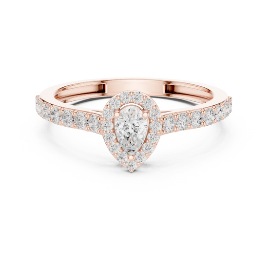 Ladies pear halo side diamond ring in gold with pear and round lab grown diamonds by Signora Jewels