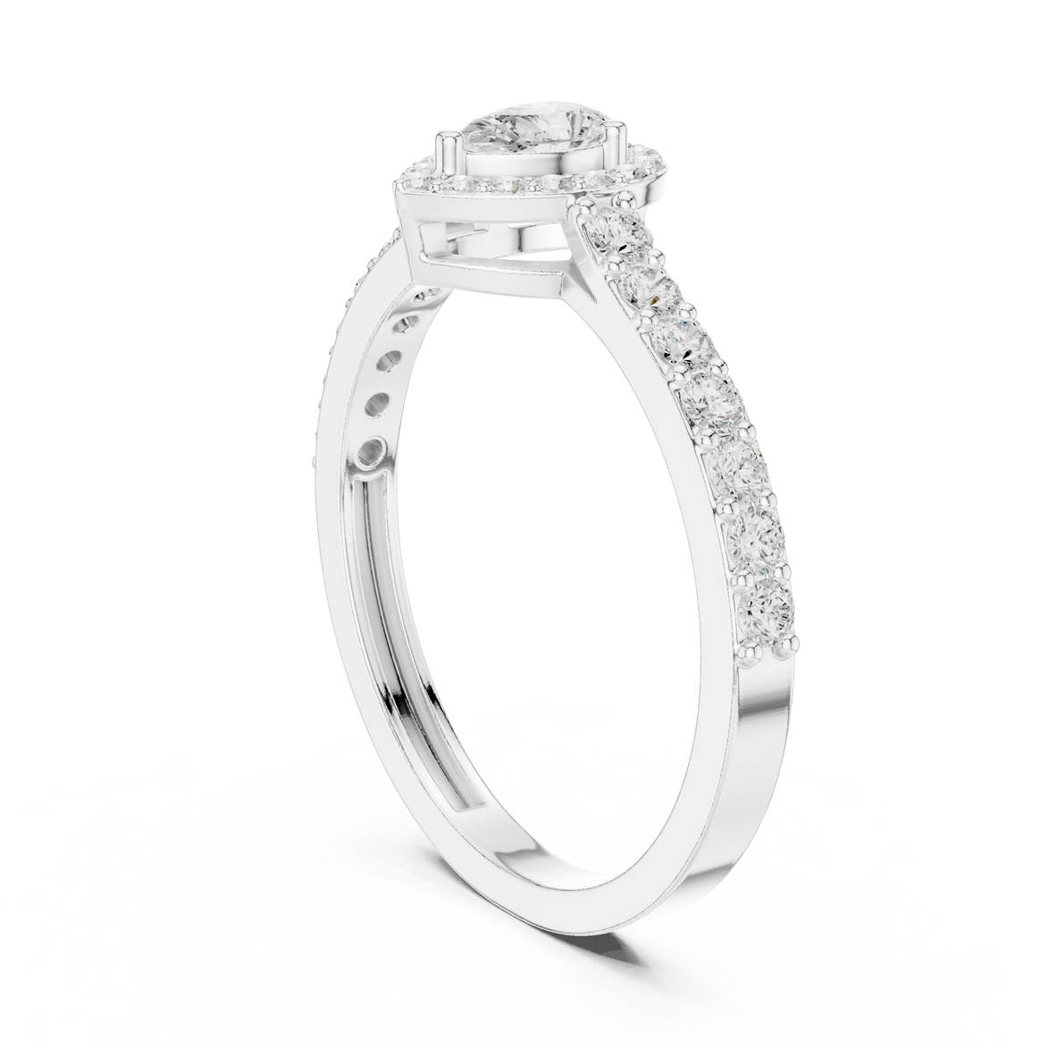 Ladies pear halo side diamond ring in gold with pear and round lab grown diamonds by Signora Jewels
