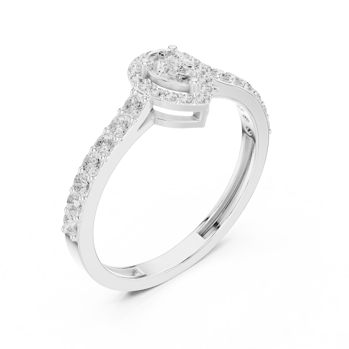 Ladies pear halo side diamond ring in gold with pear and round lab grown diamonds by Signora Jewels