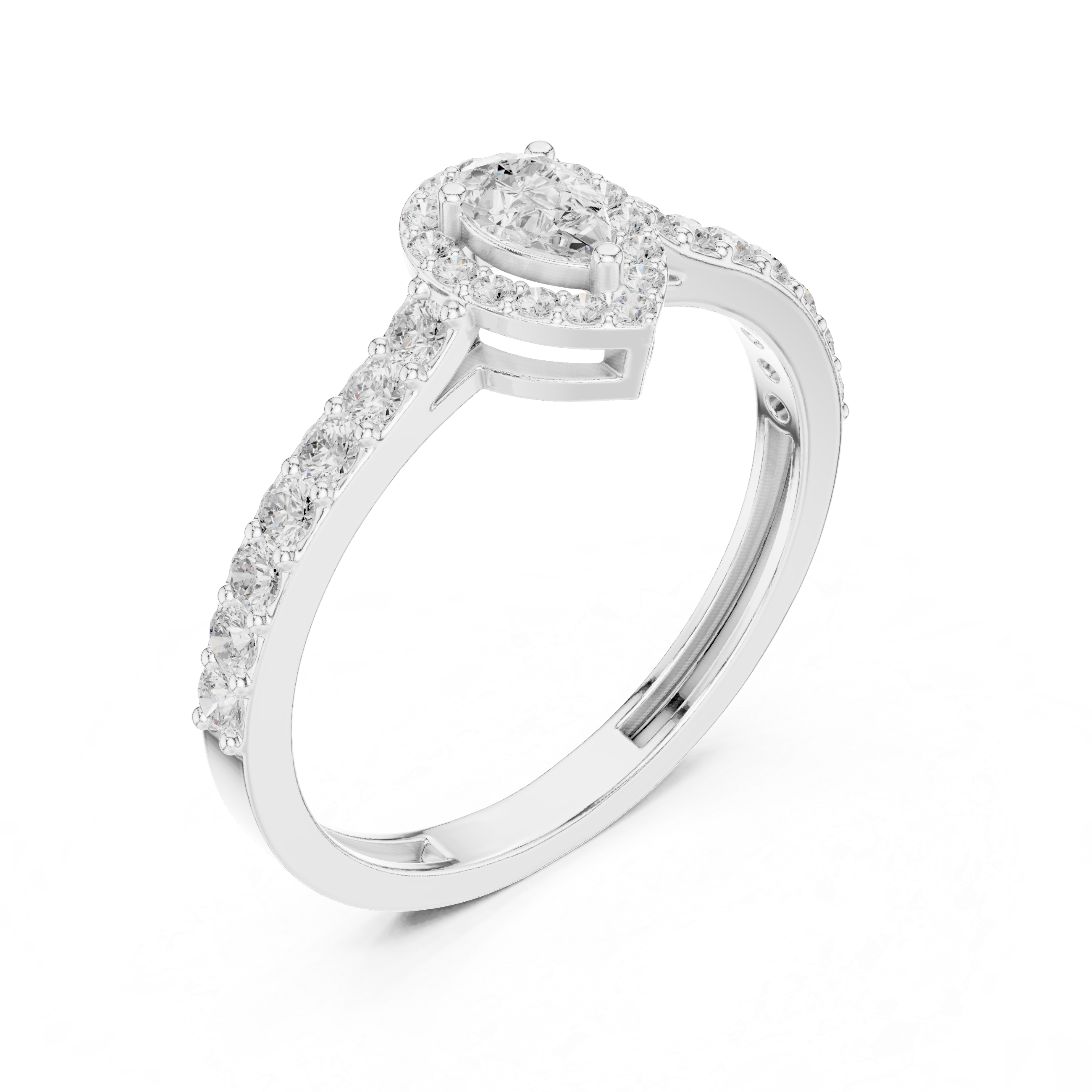 Ladies pear halo side diamond ring in gold with pear and round lab grown diamonds by Signora Jewels