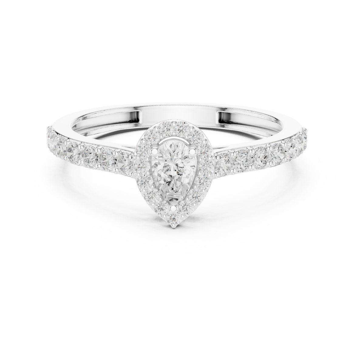 Ladies pear halo side diamond ring in gold with pear and round lab grown diamonds by Signora Jewels