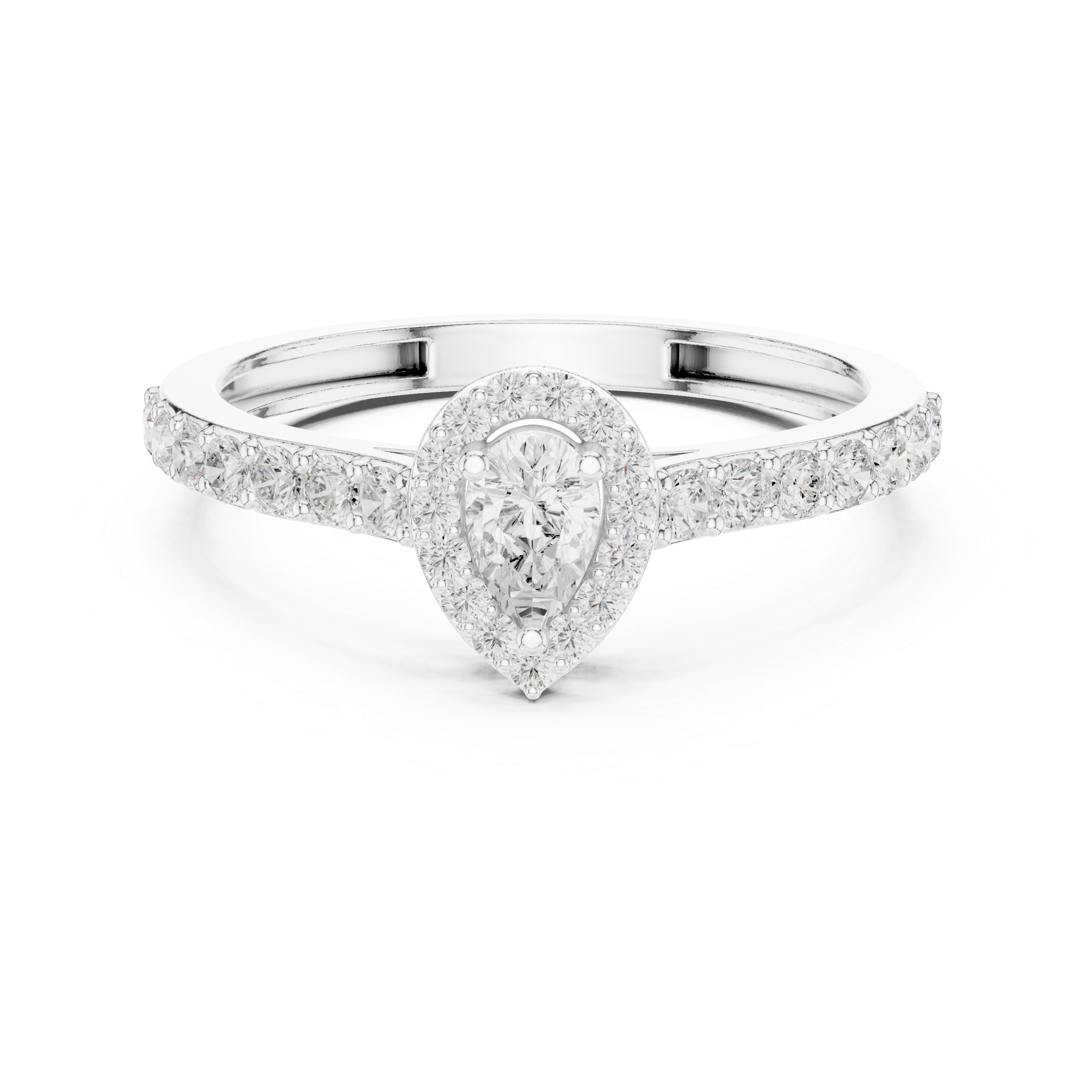 Ladies pear halo side diamond ring in gold with pear and round lab grown diamonds by Signora Jewels