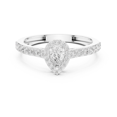 Ladies pear halo side diamond ring in gold with pear and round lab grown diamonds by Signora Jewels