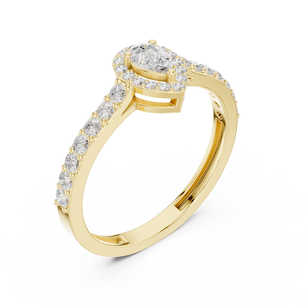 Ladies pear halo side diamond ring in gold with pear and round lab grown diamonds by Signora Jewels