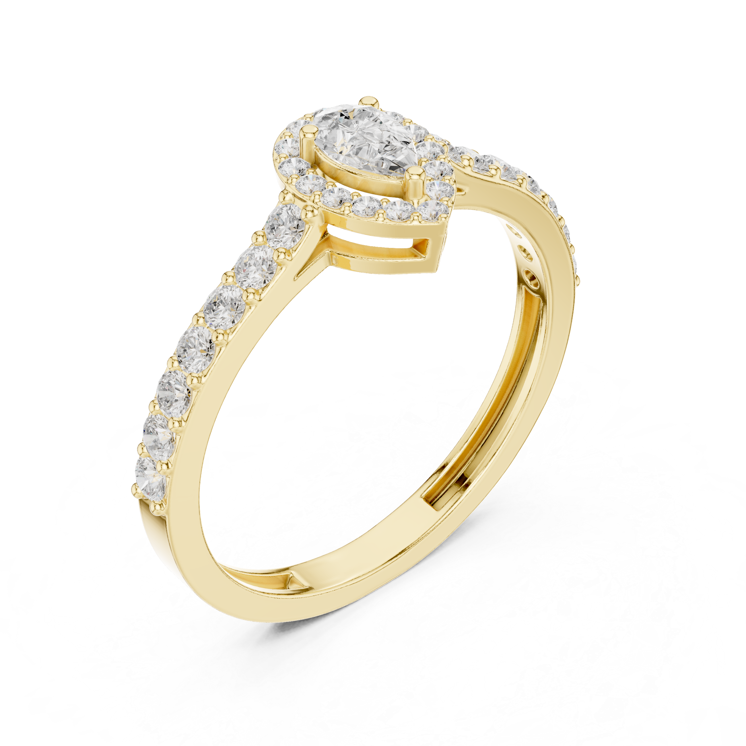 Ladies pear halo side diamond ring in gold with pear and round lab grown diamonds by Signora Jewels