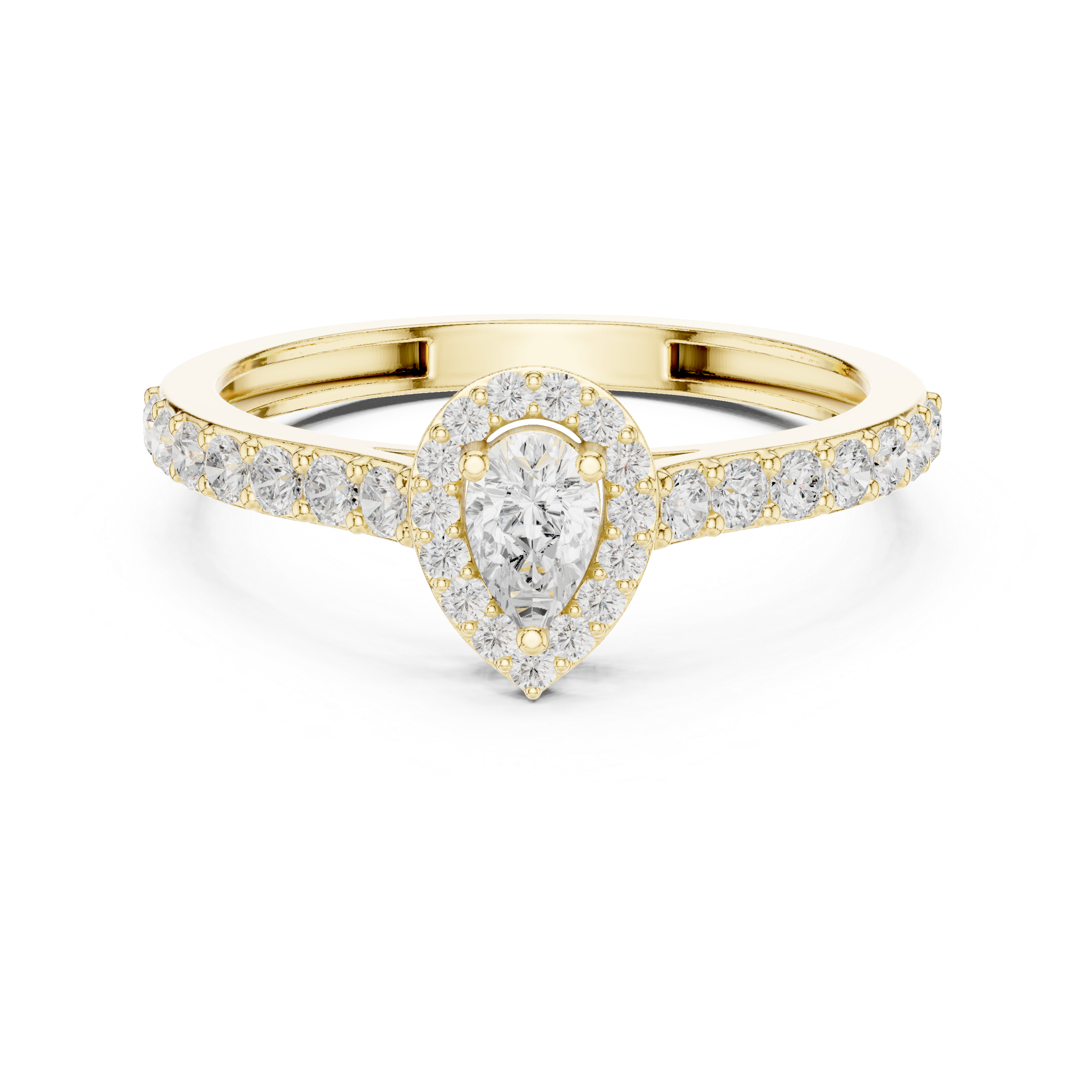 Ladies pear halo side diamond ring in gold with pear and round lab grown diamonds by Signora Jewels