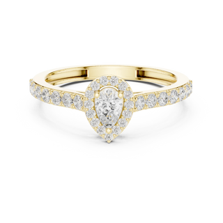 Pear lab grown diamond halo ring in yellow gold