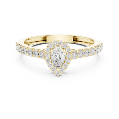 Pear lab grown diamond halo ring in yellow gold