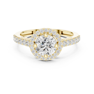 Round lab grown diamond halo ring in yellow gold