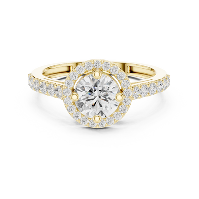 Round lab grown diamond halo ring in yellow gold