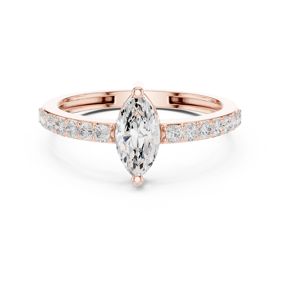 Ladies marquise side diamond ring in gold with marquise and round lab grown diamonds by Signora Jewels