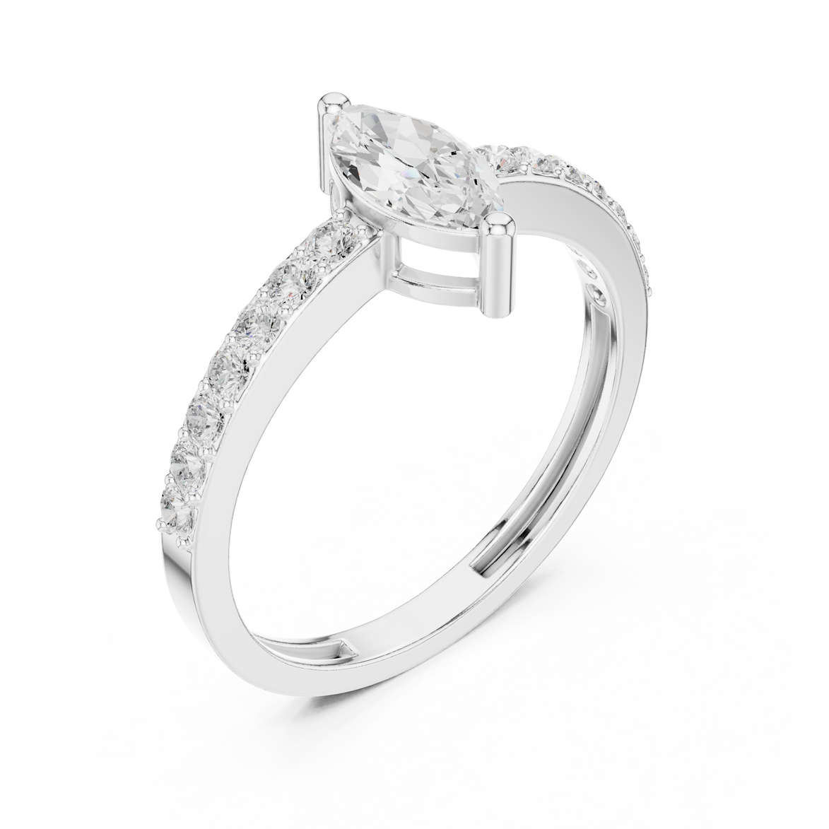 Ladies marquise side diamond ring in gold with marquise and round lab grown diamonds by Signora Jewels