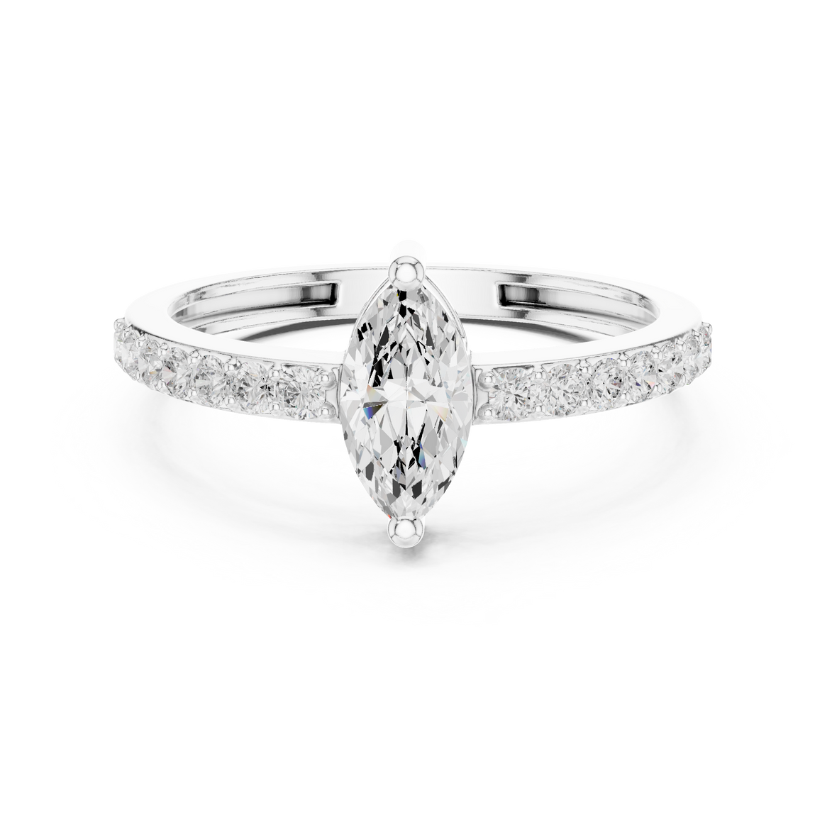 Ladies marquise side diamond ring in gold with marquise and round lab grown diamonds by Signora Jewels