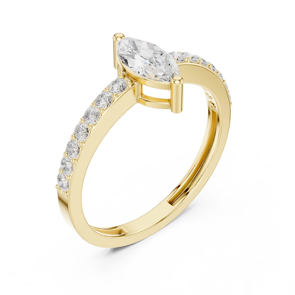 Ladies marquise side diamond ring in gold with marquise and round lab grown diamonds by Signora Jewels