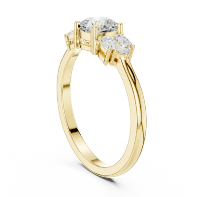 Cushion lab grown diamond three stone ring in yellow gold